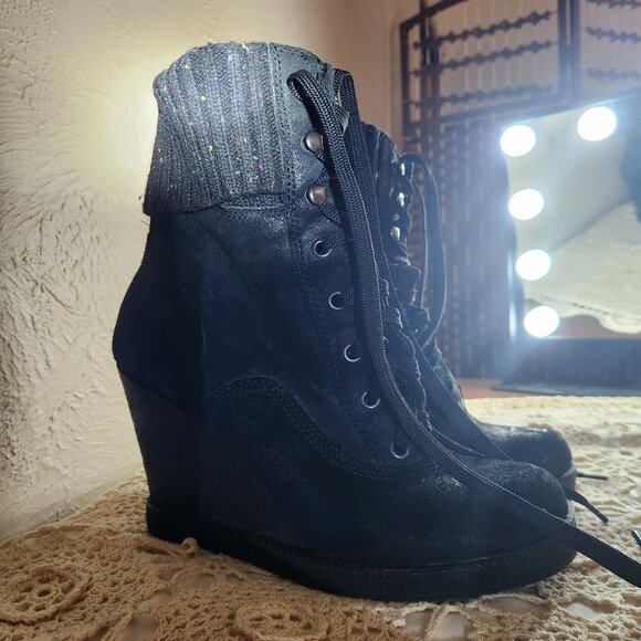Black Wedge Short Boots Size 10, Lace up. - Picture 1 of 2